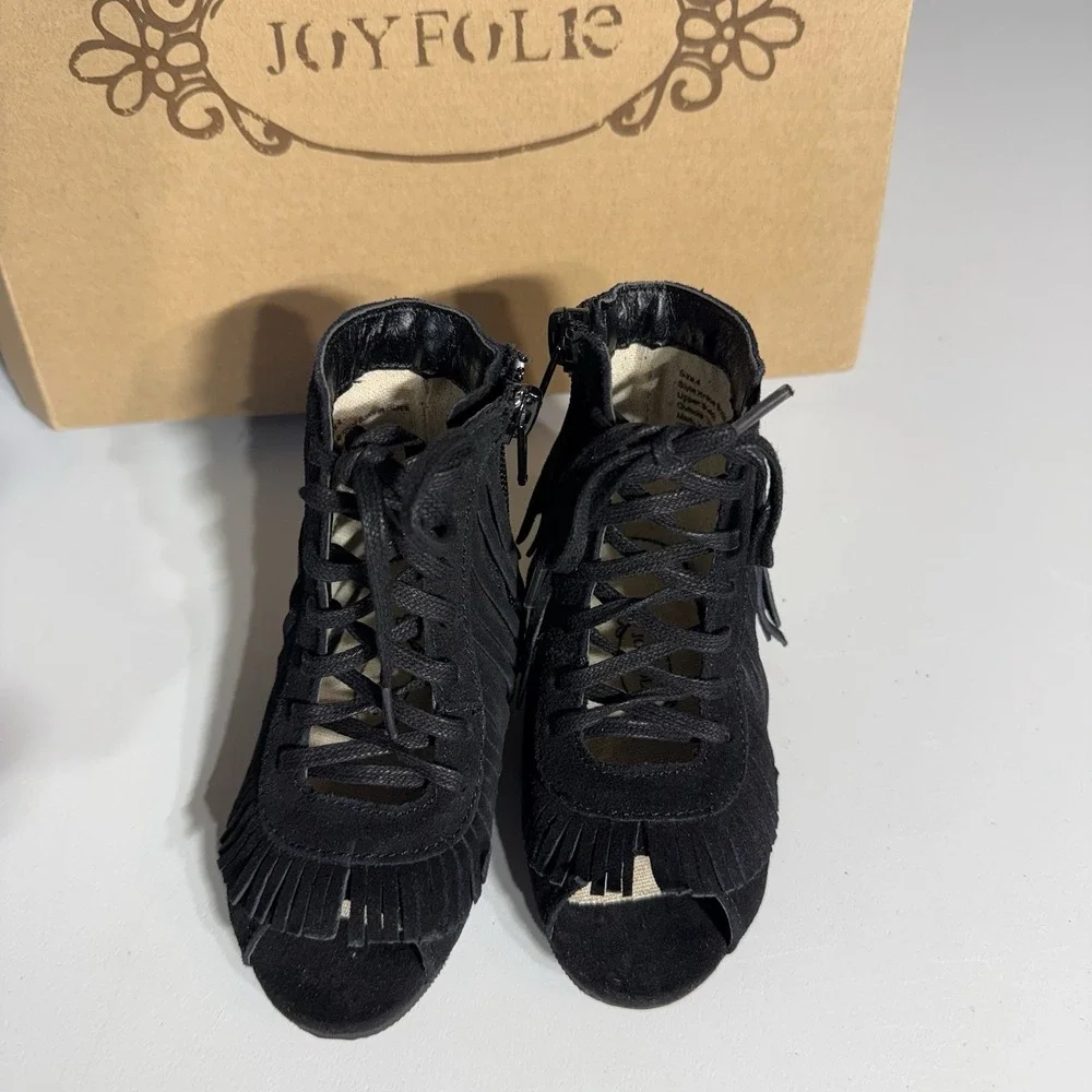 JOYFOLIE TODDLER SIZE 4 Black Suede Fringe Boots SIDE ZIPPER PEEP TOE